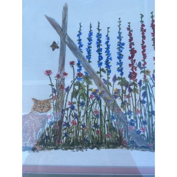 Vintage wild flowers and cat Art Print framed picture signed by Chris Mahoney - Picture 3 of 4